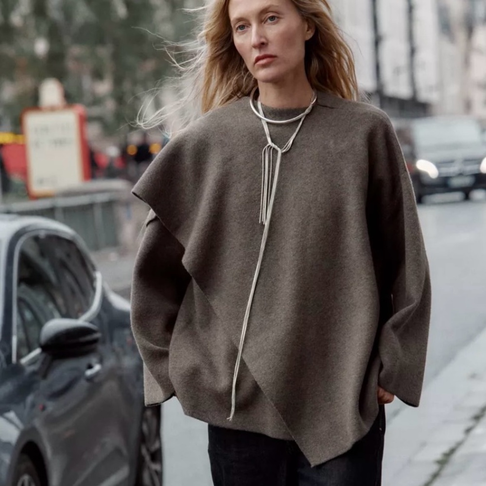 Zara Olive-Brown Draped Wool Cape Jacket